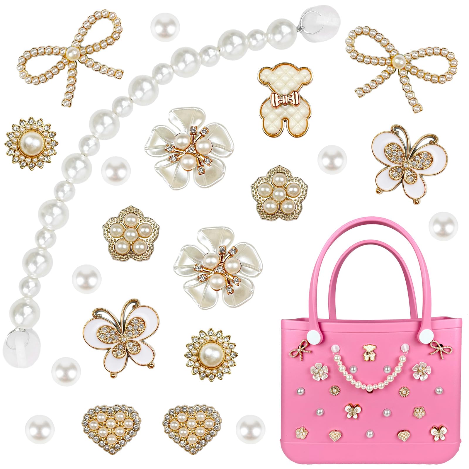 Charms for Bogg Bag,Decorative Flowers Pearls and Chain Set for Rubber Tote Bag, Must Have Accessories for Women Girls Simply Southern Beach Totes Bling Decoration