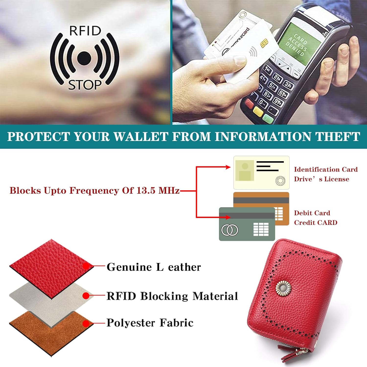 GOIACII RFID Credit Card Holder Wallet, Small Genuine Leather Wallet for Women 2 Zipper - Image 3