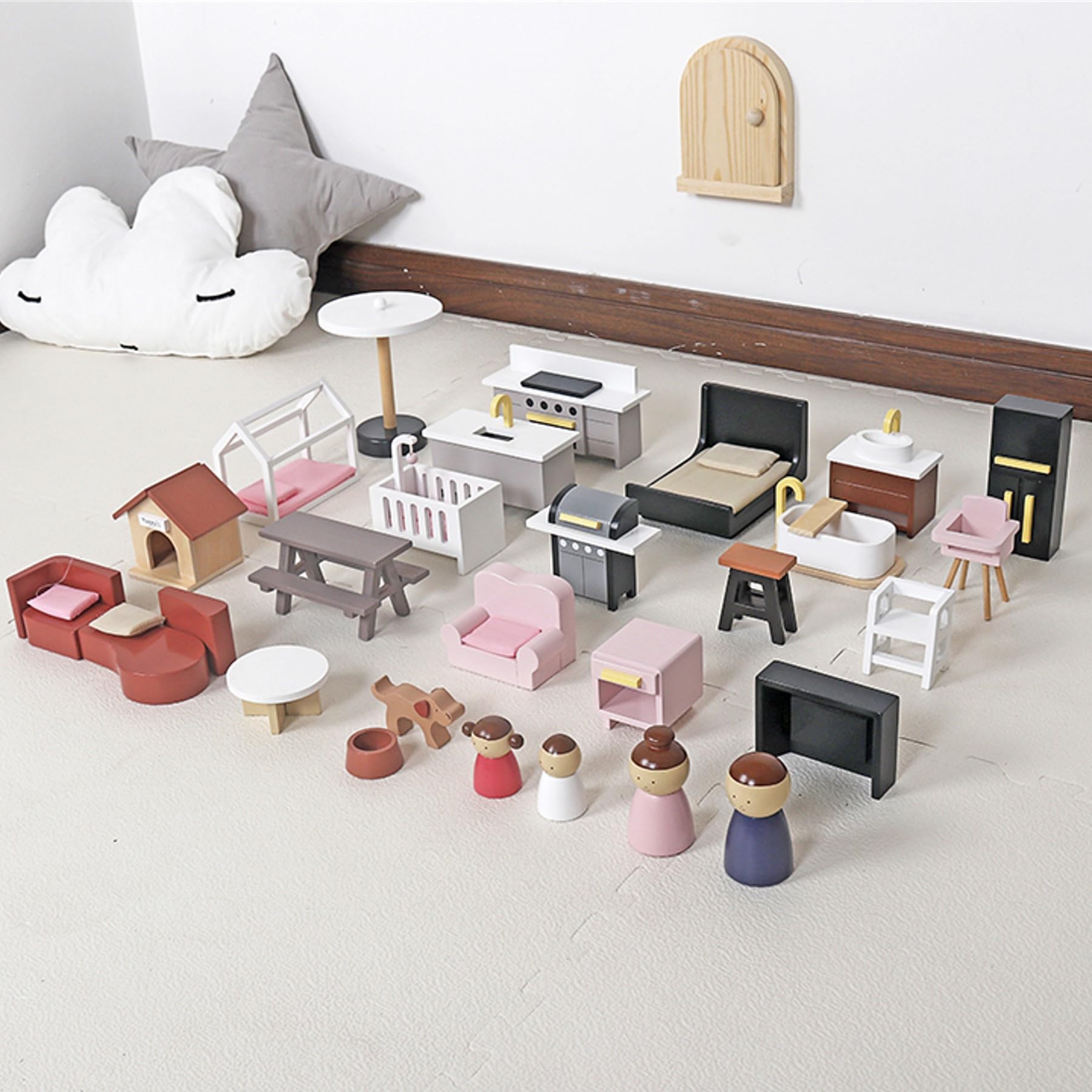 Modernes Puppenhaus Villa aus Holz mit 49-TLG Möbelset & Spielfiguren, inkl. Hundezimmer, Große Stadtvilla für Kinder, Skandinavisches Design, Puppenhausmöbel Set komplett möbliert, Schwarz-Weiß