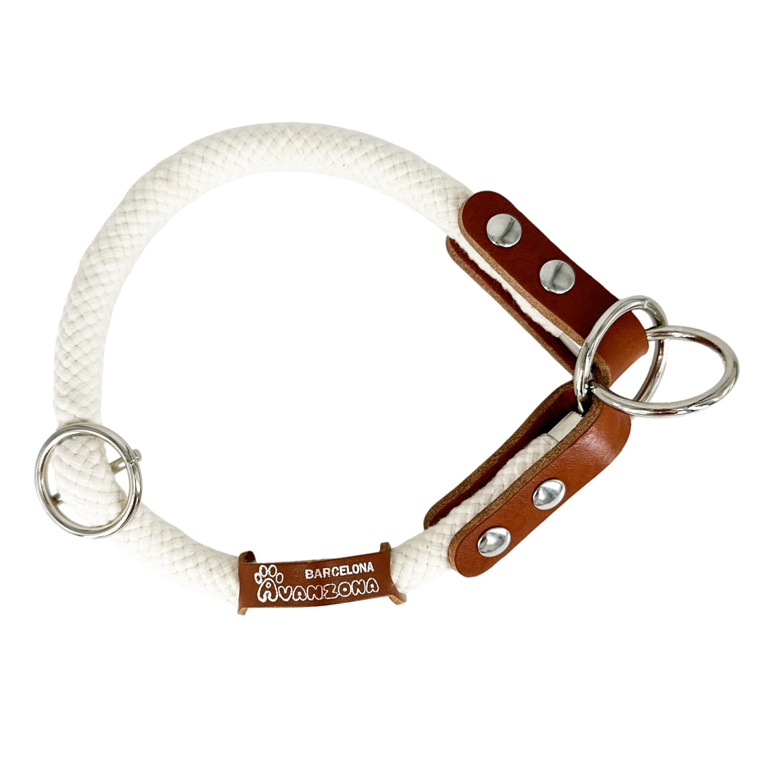 Collar Matingale Adiestramiento Perros. Antitirones. Algodón y Cuero. Blanco & Coñac. XXS.