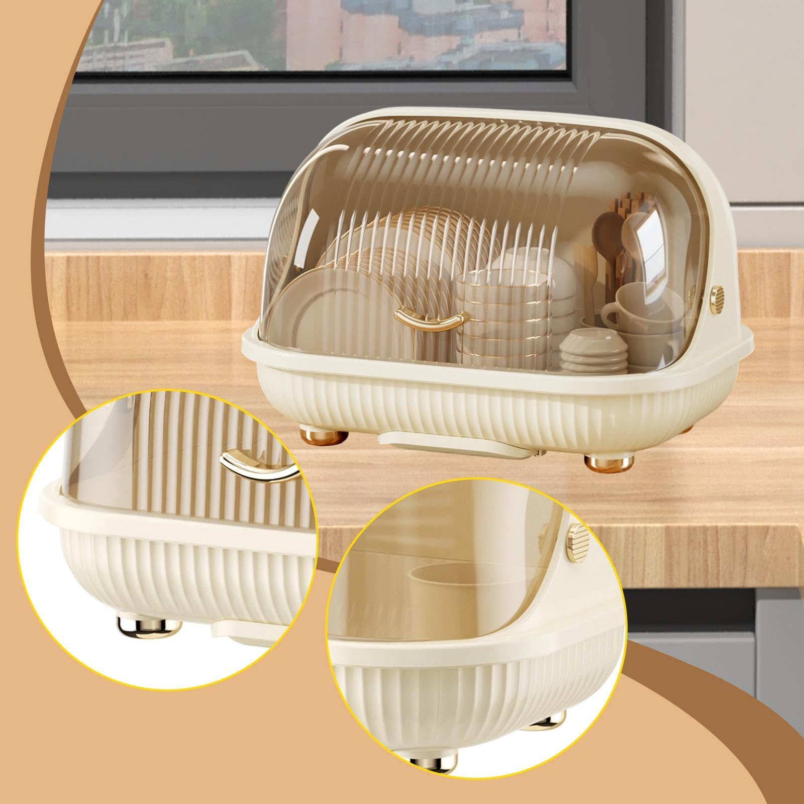 Baoblaze Boîte de Rangement Bouteille Organisateur Séchage Égouttoir Plateau Amovible Couvercle Anti-poussière pour Ustensiles Vaisselle Bébé Cuisine Rangement, S Cream