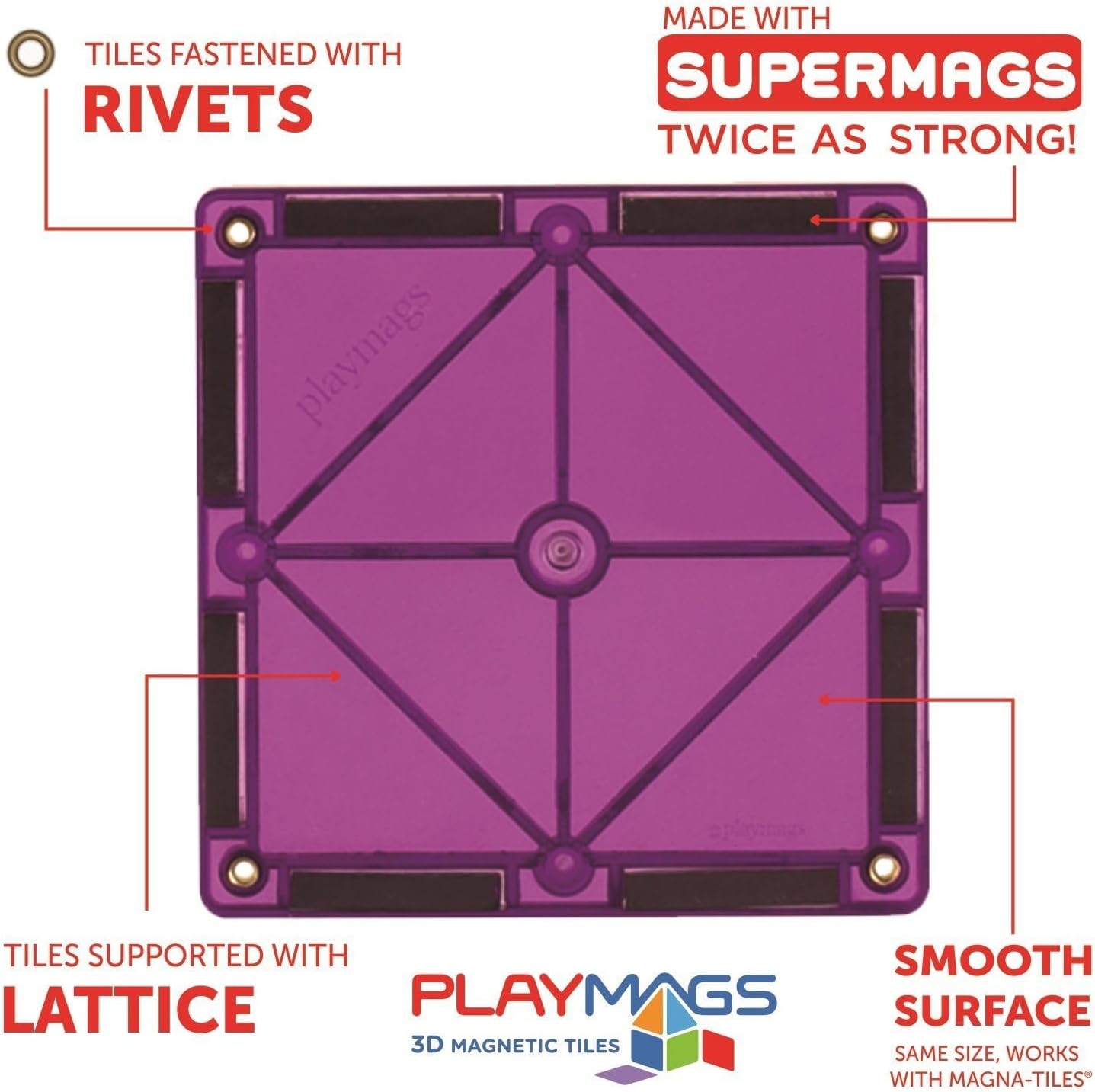 Playmags 60-Piece 3D Magnetic Tiles Squares Set - Featuring Supermags Twice as Strong, Riveted for Safety, STEM Educational Building Blocks for Kids, Compatible with Major Brands, Ages 3+
