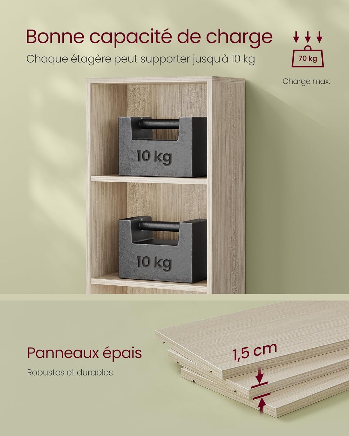 Image showing two 10kg weights on shelves and a close-up of 1.5 cm thick panels