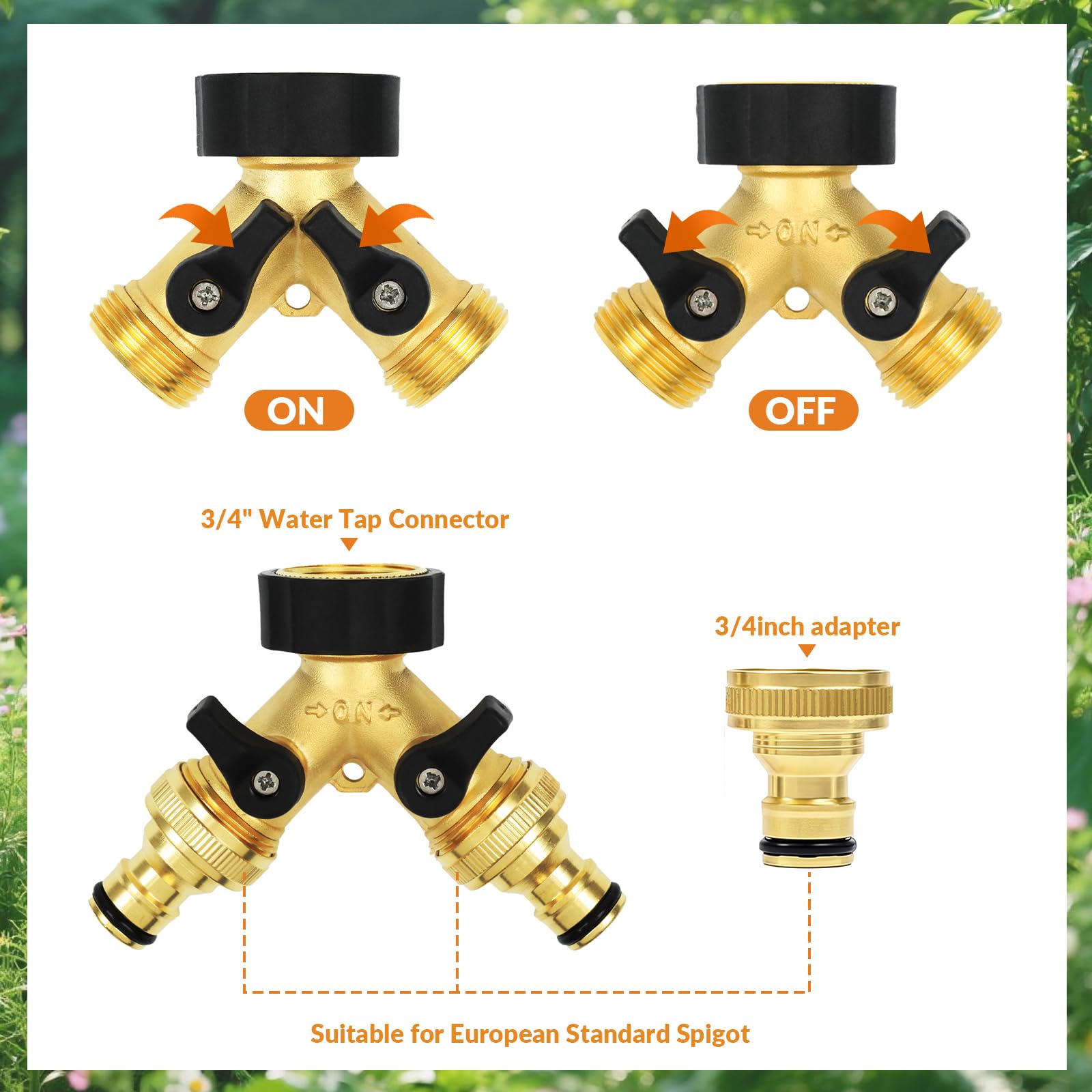 Garden Hose Splitter 2 Way, Y-Type Brass Hose Connector, 3/4" Hose Pipe Connector - Image 3