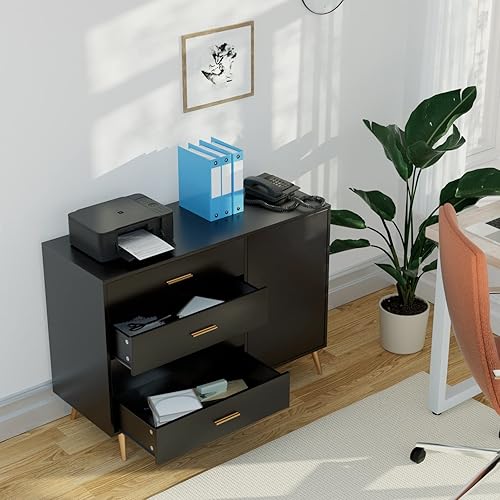 Miniatura 6 de JOZZBY Armario de almacenamiento negro con 4 cajones, armario decorativo con puerta y estante ajustable, gabinete de buffet con almacenamiento,