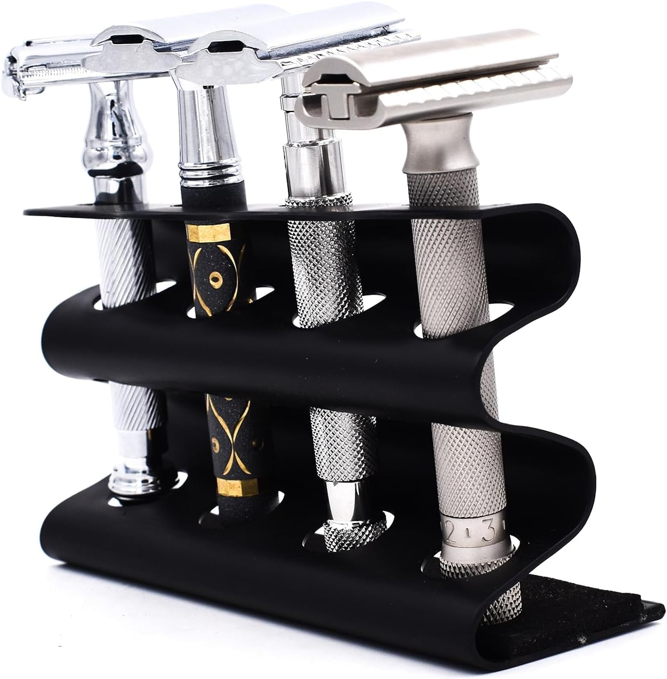 Double Edge Razor Stand – Solid Brass with Black Finish –Holds 4 Razors – Parker Stand with Padded Base – Excellent Storage for Long Handled Double Edge Safety Razors