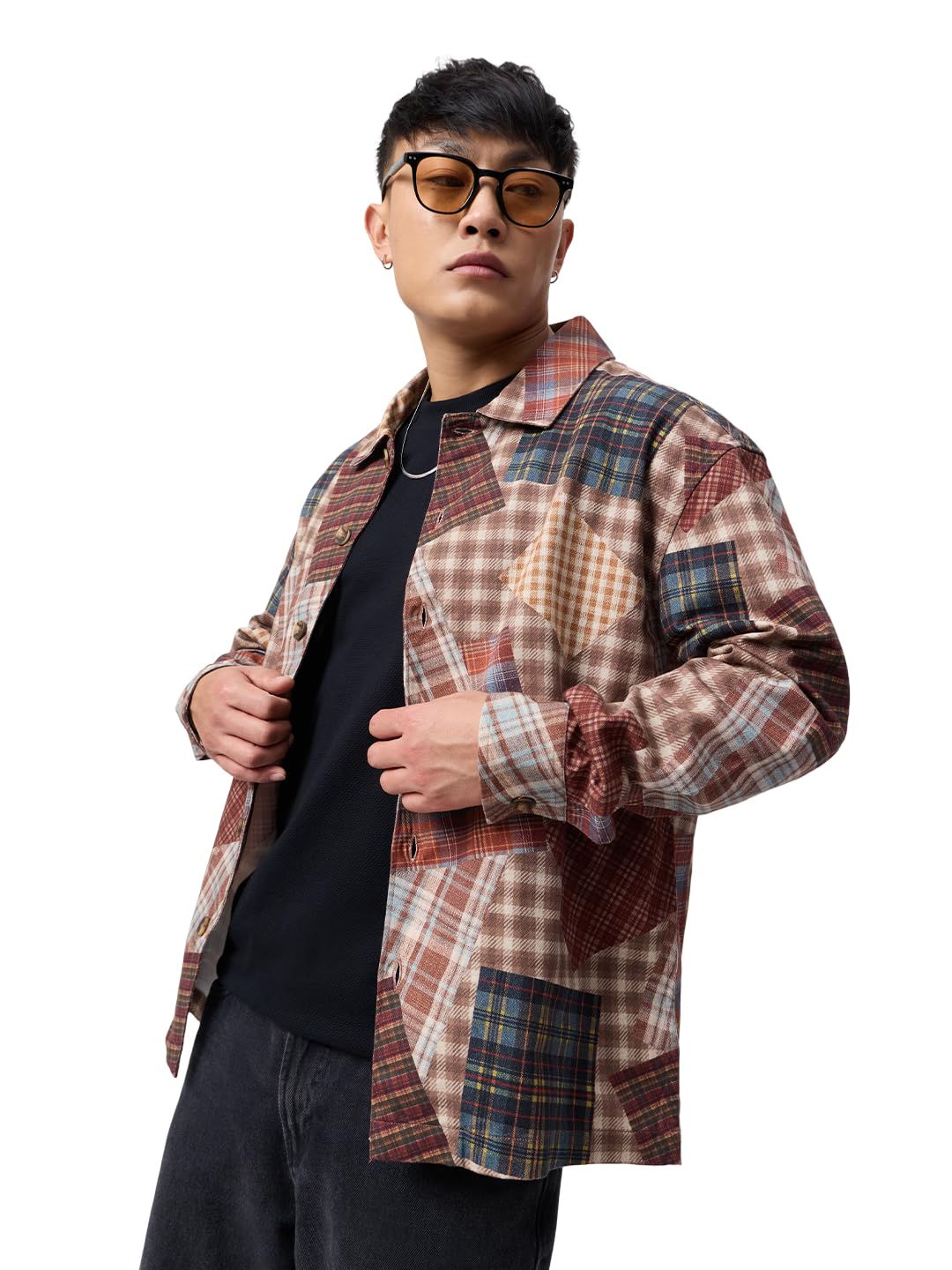 the souled store Oversized Shacket: Too Plaid Men and Boys Full Sleeves Spread Collar Brown Patchwork Cotton Oversized Fit Lightweight Winter Casual Shacket-picture-30