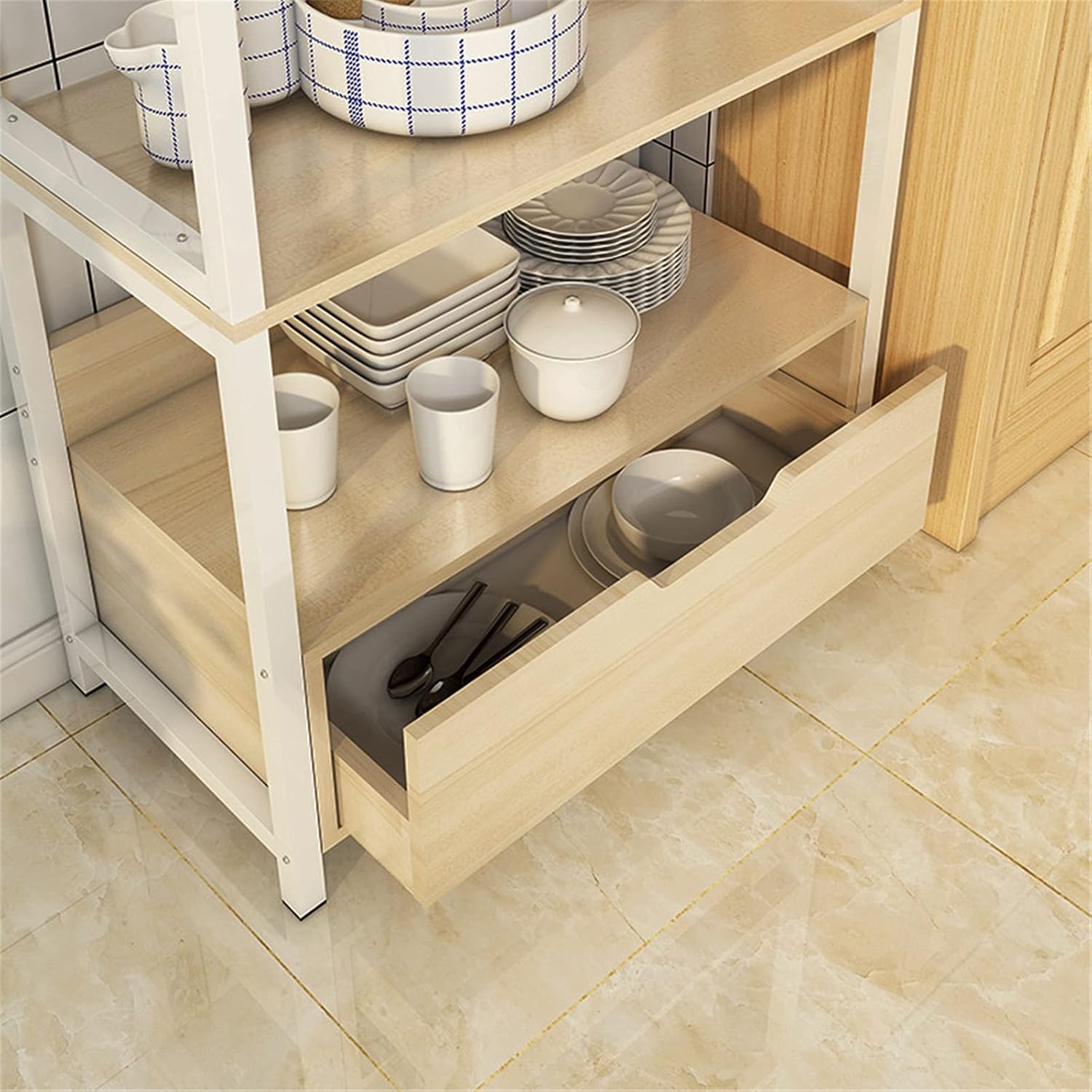 XIONGGG Kitchen Shelf Standing Bakers Racks Utility Microwave Oven Stand Dishes Plates Pot Spice Organizer, with 2 Storage Drawers,Natural : Home & Kitchen