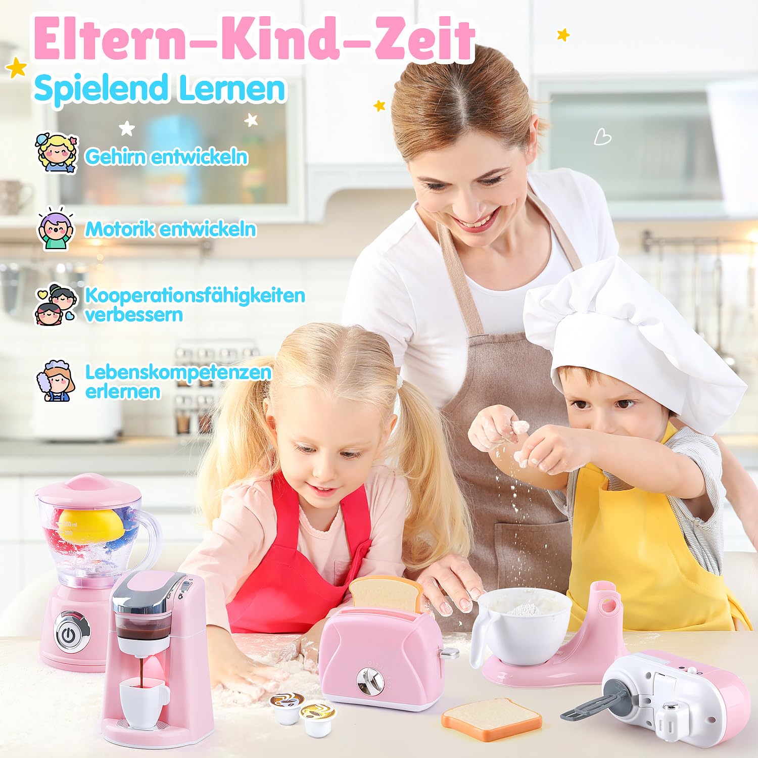 PLAY 4in1 Kinderküchenset mit Kaffeemaschine Mixer Toaster ab 3 Jahren