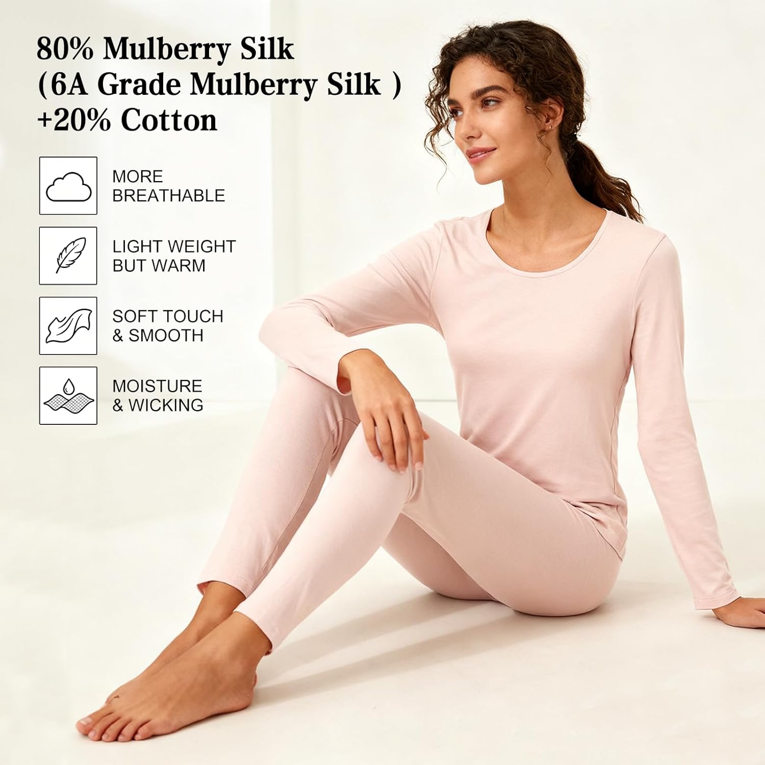 Real Silk Life Womens Silk Thermal Underwear Sets Long Johns Thermal Set for Women Soft Base Layer Top and Bottom