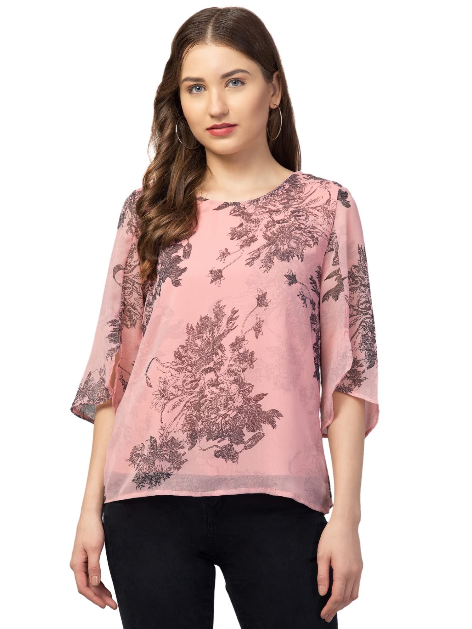 DressBerry Women Top Pink Floral Printed Stylish Regular Fit Half Sleeve Casual Summer Wear Western Attractive Round Neck Top for Women & Girls in pink