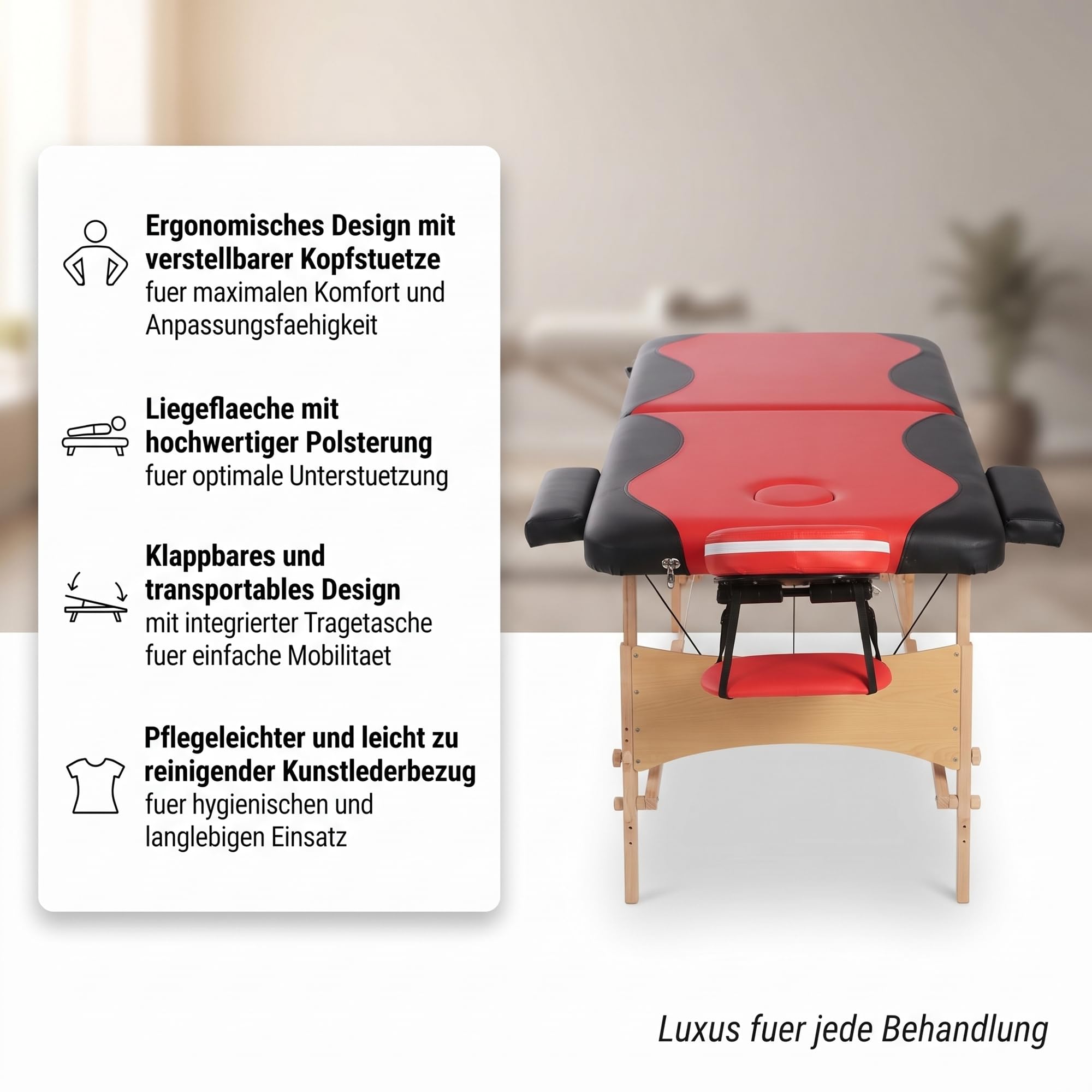 Mucola Massageliege Tattooliege 2 Zonen klappbar bis 250 kg Holz Rot
