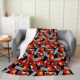 All Season Fire Truck Print Bed Blanket,Red Black Car Flannel Fleece Throw Blanket Fireman Fuzzy Blanket for Boys Girls,Microfiber Plush Blanket Room Decor 40
