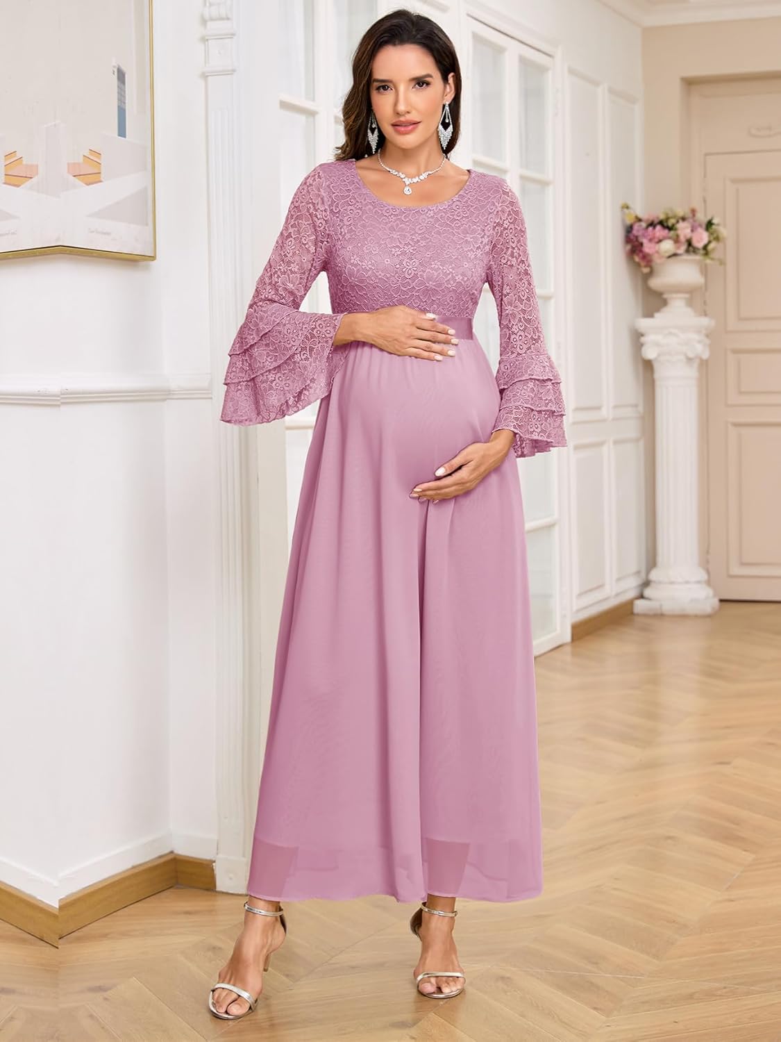 CYCLAMEN Floral Lace Maternity Maxi Dress Ruffle Bell Sleeves Crew Neck Elegant Chiffon Evening Gown Baby Shower Wedding - Image 2