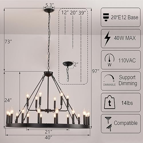 Miniatura 7 de Candelabro negro de 2 niveles de 40 pulgadas, 30 luces, redondo, grande, industrial, colgante industrial, moderno, para porche, techos altos, para
