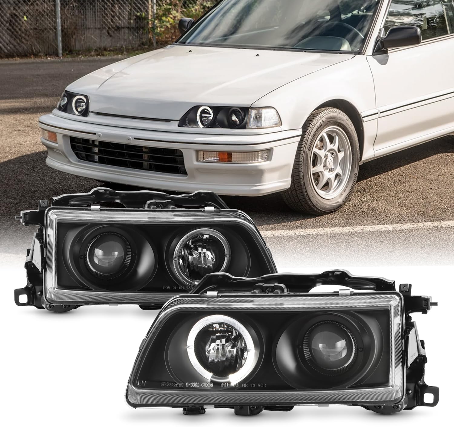 AKKON - For Honda Civic CRX Black Bezel LED Ring Design Projector Headlights Front Replacement Left + Right