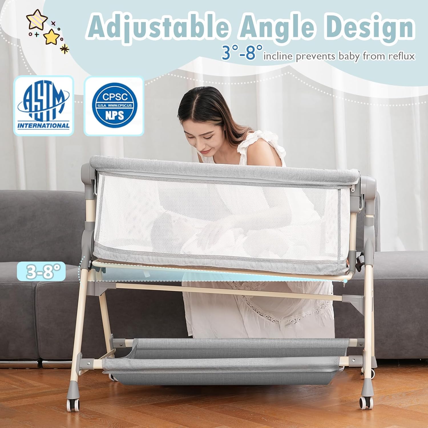 Baby Bassinet, Rocking Bassinet for Baby, 3 in 1 Bassinets Bedside Sleeper with Musical Toys, Bedside Bassinet for Baby with Storage Basket and Wheels, Adjustable Bedside Crib for Newborn (Grey) - Image 5
