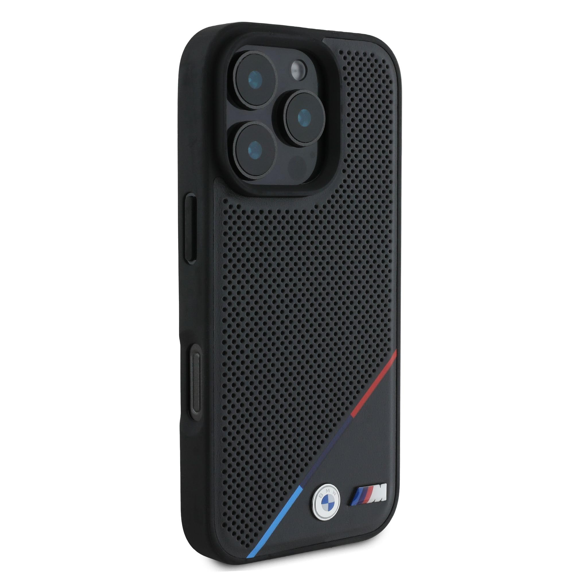 CG Mobile BMW HC M - Funda de teléfono diseñada para iPhone 16 Pro, Duradera, a Prueba de Golpes, Compatible con Magsafe, Funda de Poliuretano Perforada de línea Tricolor, Color Negro
