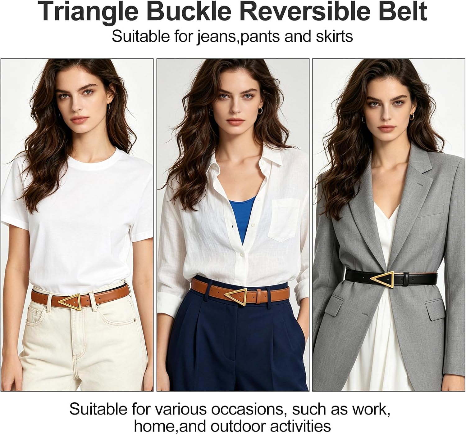 C-Shaped Buckle Reversible Genuine Leather Belt for Women, with Reinforced Anti-Crack Holes, Dual Color Black & Brown