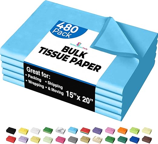 Light Blue Tissue Paper for Gift Bags - 15" X 20" Bulk Tissue Paper Light Blue 480 Sheets - 10lb Newsprint for Packing, Birthday Gift Box Filler, Packing Supplies for Moving Supplies Crown Display
