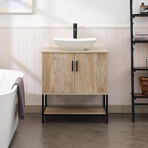 UEV Juego de tocador de baño rústico de 30 pulgadas con fregadero, marco de hierro industrial con puertas y estante, con combinación artística de