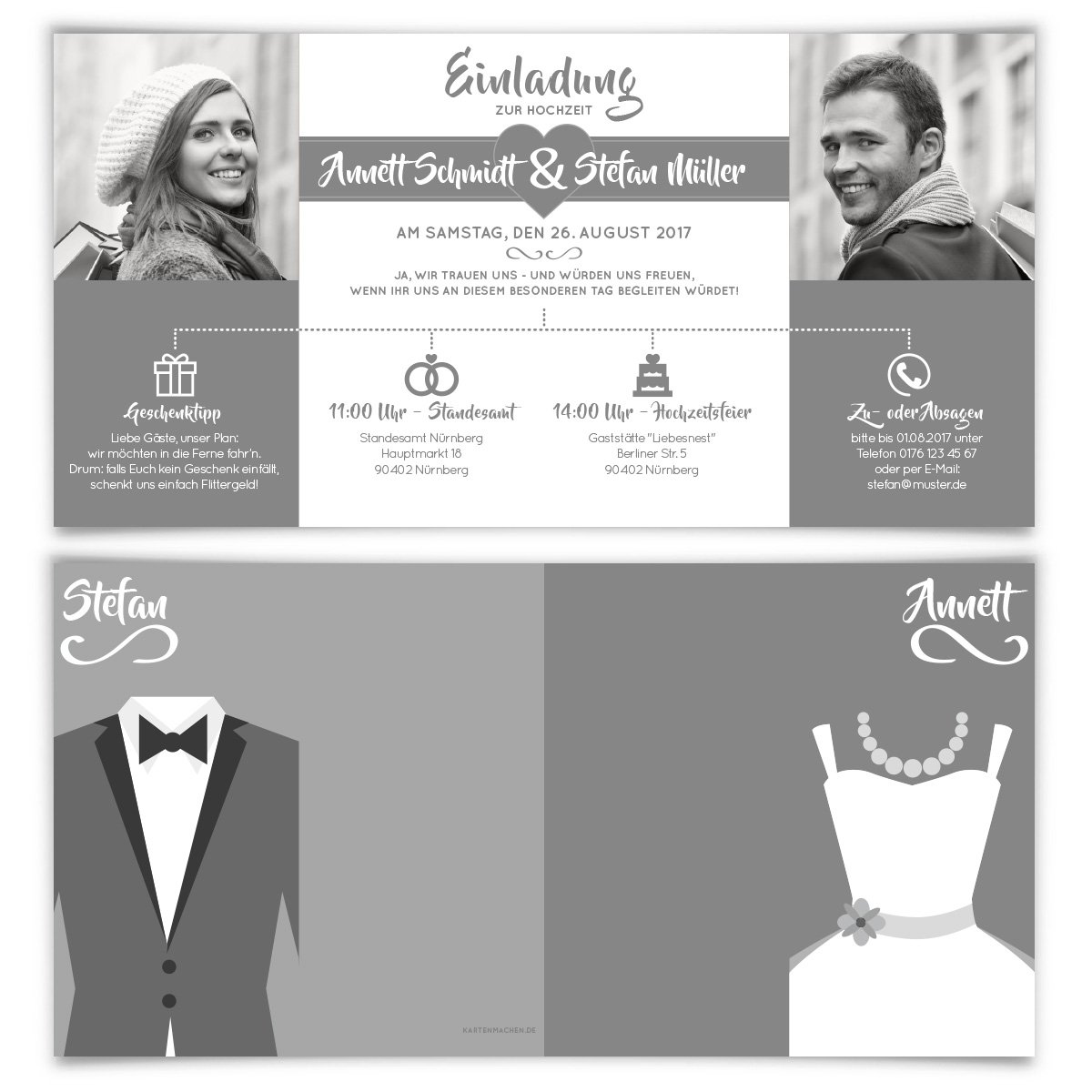 Hochzeitseinladungen (30 Stück) - Braut und Bräutigam Altarfalz - Hochzeitskarten in Grau