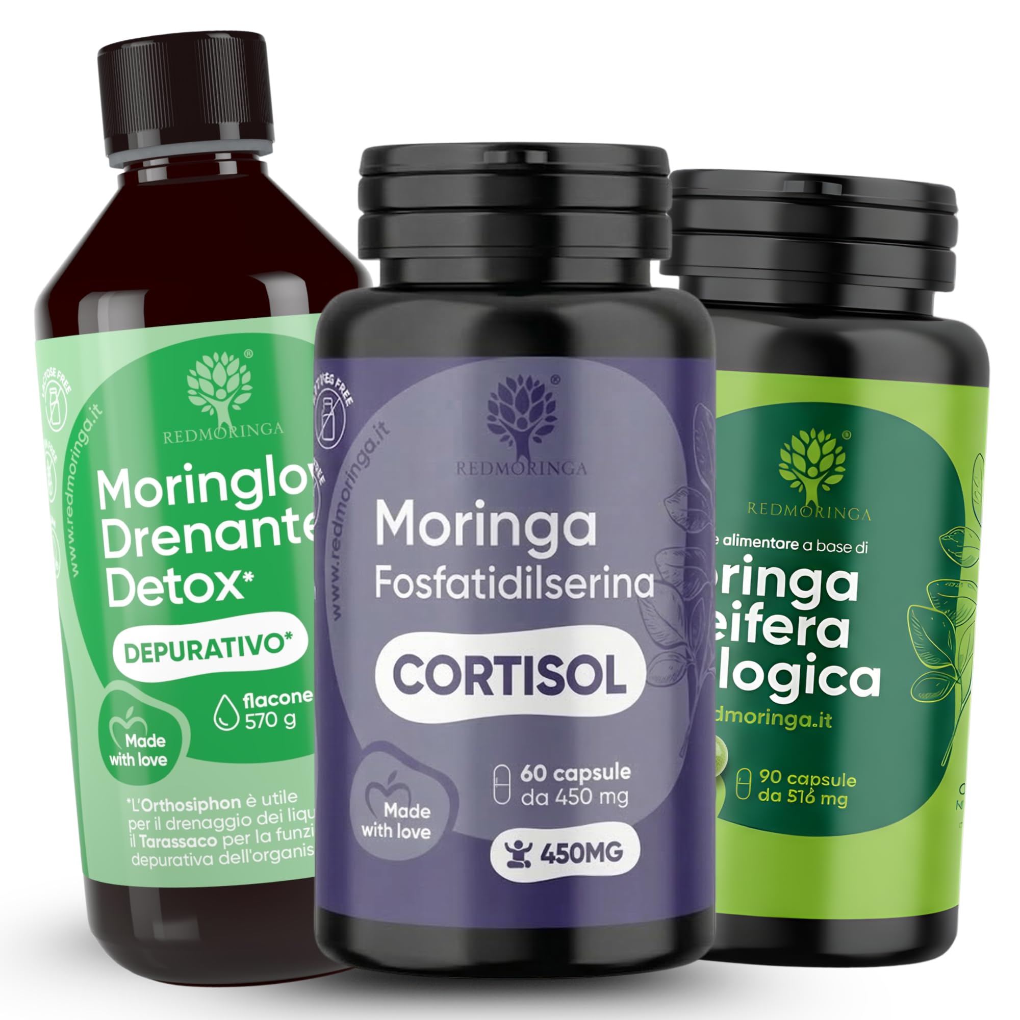 LOW CORTISOLO DONNA – Fosfatidilserina 450 mg + Moringa Bio + Drenante Liquido 11 Erbe con Tarassaco, Betulla, Ananas – Stress, Depurazione Fegato e Ritenzione – Made in Italy – RedMoringa