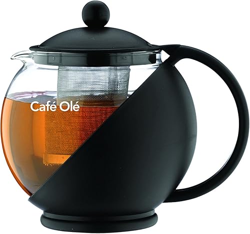 Café Ole Everyday - Tetera redonda con infusor de vidrio, tetera de vidrio, hojas sueltas, color negro, 23.7 fl oz24 oz