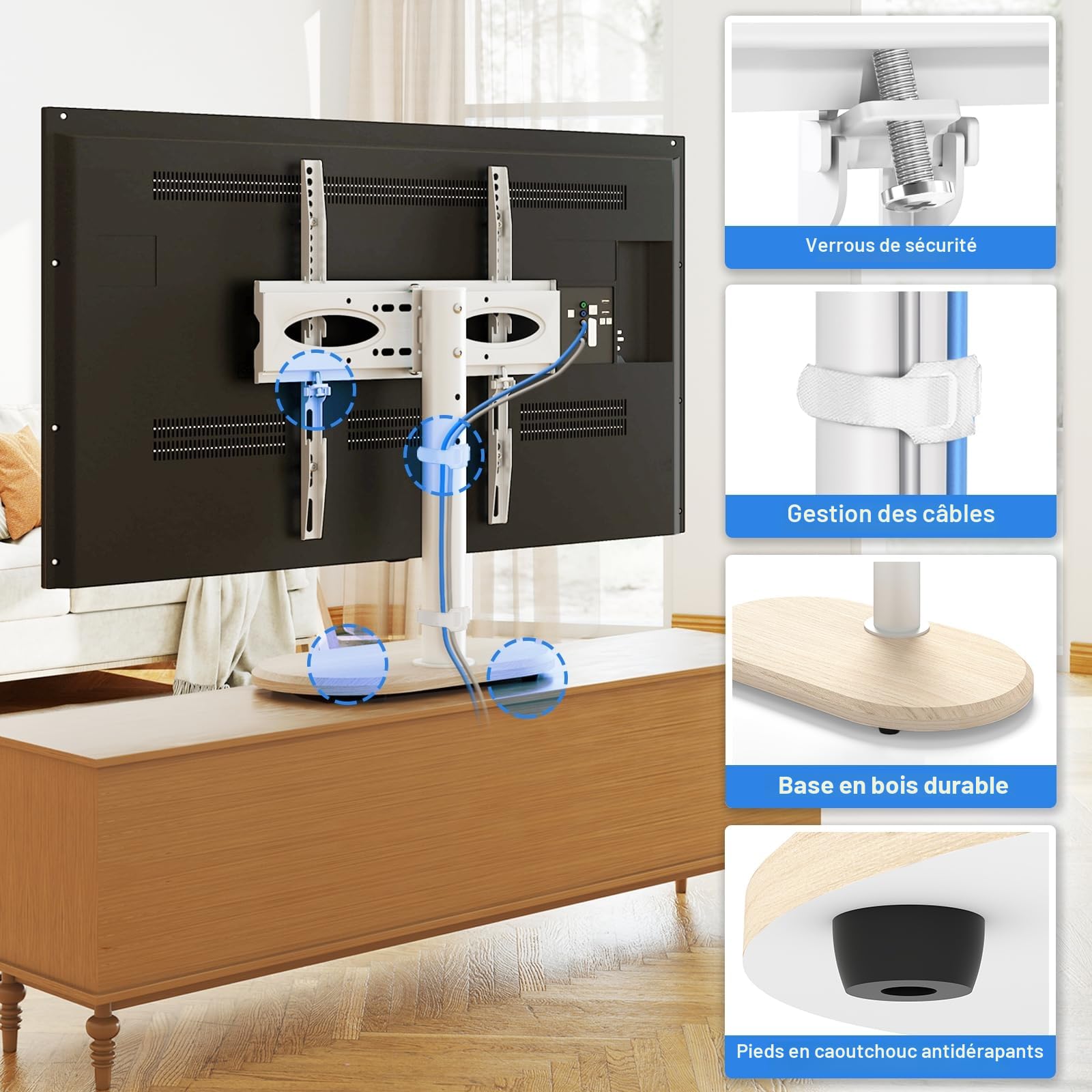 TVON Support TV sur Pied pour Téléviseurs de 26 à 55 Pouces 40kg Max | Pied de Télé Universel sur table, socle bois épais, hauteur pivotable ajustable, montage facile, Max VESA 400x400 mm