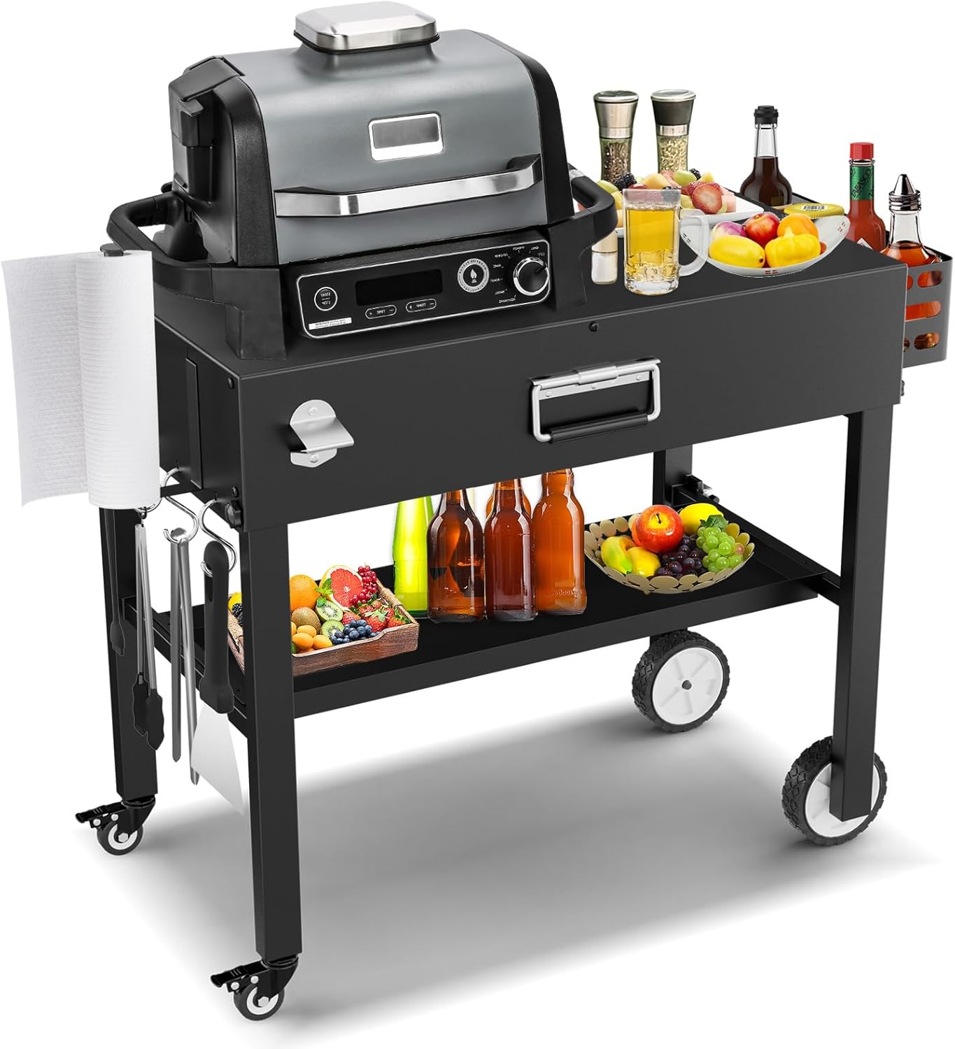Portable Outdoor Grill Table Cart for Ninja Woodfire Outdoor Grill(OG701 Series), Folding Camping Grill Stand for Blackstone 17"/22" Griddle, Onni Pizza Oven, 4 Wheels Sturdy Outdoor Table