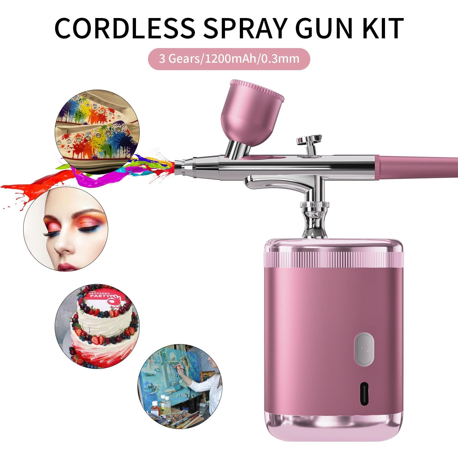 Kit aérographe avec compresseur - Pistolet aérographe portatif - Buse de 0,3 mm - 3 niveaux de pression - Batterie 1200 mAh - Idéal pour nail art, maquillage, décoration de gâteau, peinture de