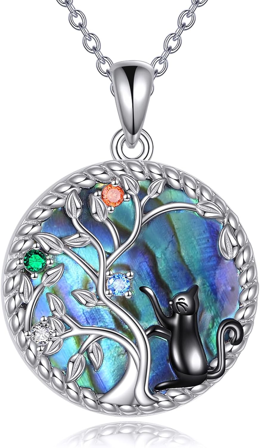 Sterling silver Cat Necklace with Birthstone Necklace for women Black Cat Pendant G...