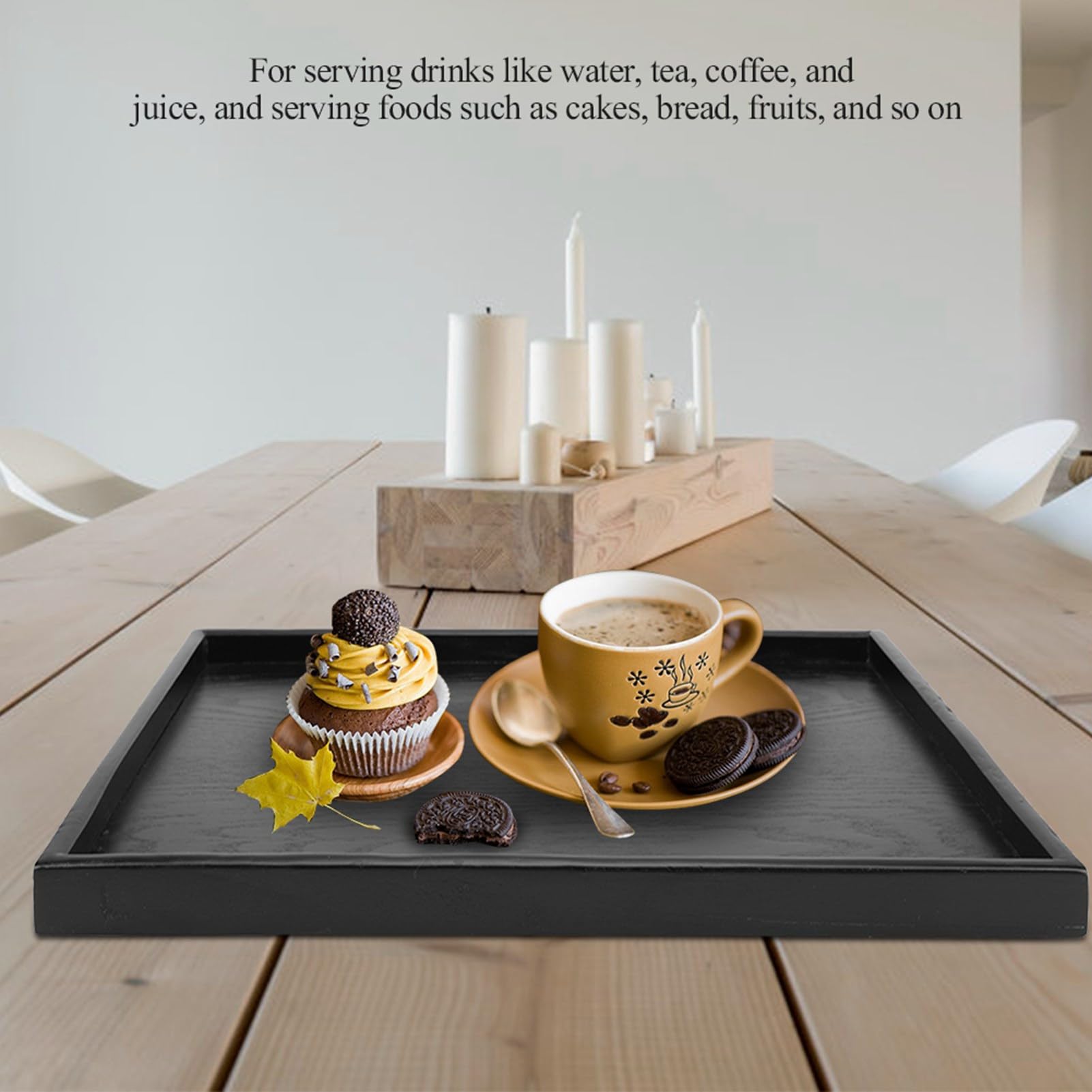 Bandeja cuadrada de madera maciza, diseño antideslizante para café y té, bordes elevados para un fácil manejo, perfecta para comidas y entretenimiento, decoración elegante del hogar