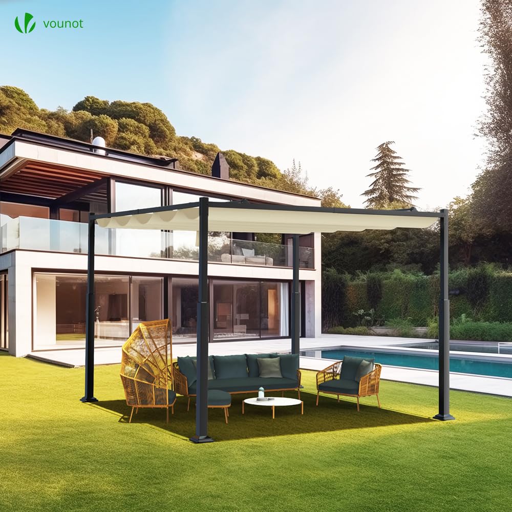 VOUNOT® Cenador Autoportante 3x3m con Techo Retráctil, Pérgola de Jardín con Lona Corredera de Poliéster 180g/m², Estructura Metálica Estable, Diseño Elegante Patio Terraza Exterior Beige Oscuro
