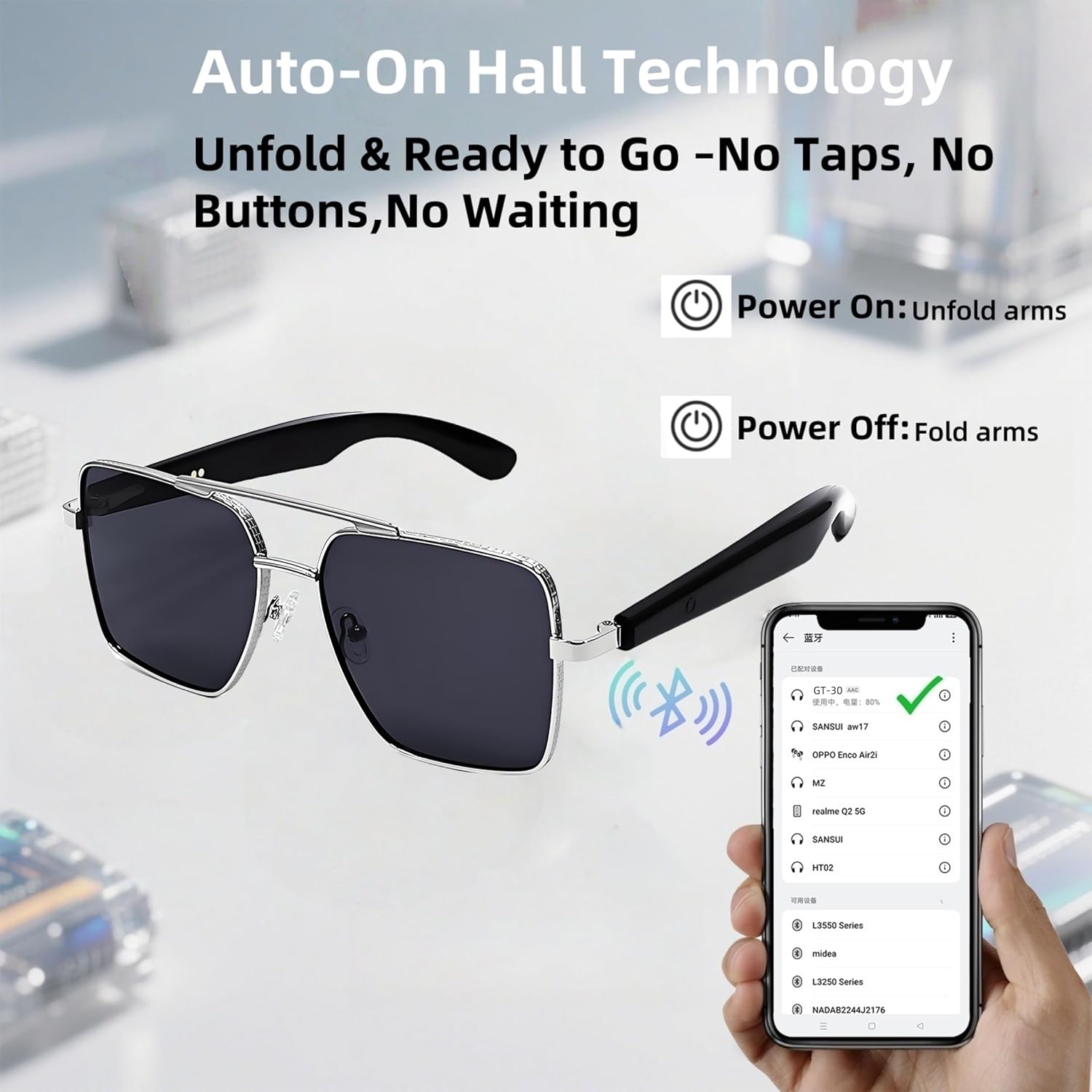otinsile Pilot Smart Glasses GT30 auto-on Hall technology