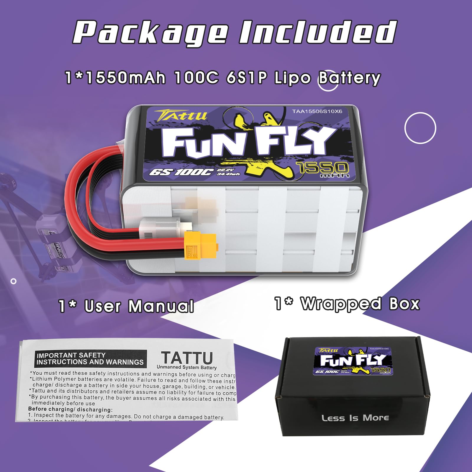 Tattu 6S lipo 1550 mAh 22,2 V 100C Funfly Lipo akumulator z wtyczką XT60 do drona UAV FPV Quadcopters