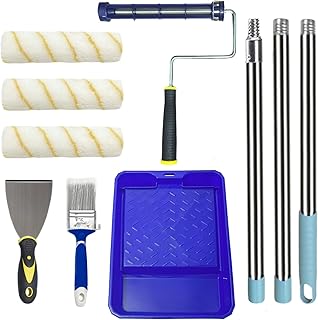 Paint Roller Kit - Set with 2" Paint Brush, Heavy-Duty 9" Paint Roller Frame, 48" Adjustable Extension Pole, Paint Roller Covers x3, 11" Sturdy Paint Tray,3" Putty Knife - Painting Tool Set