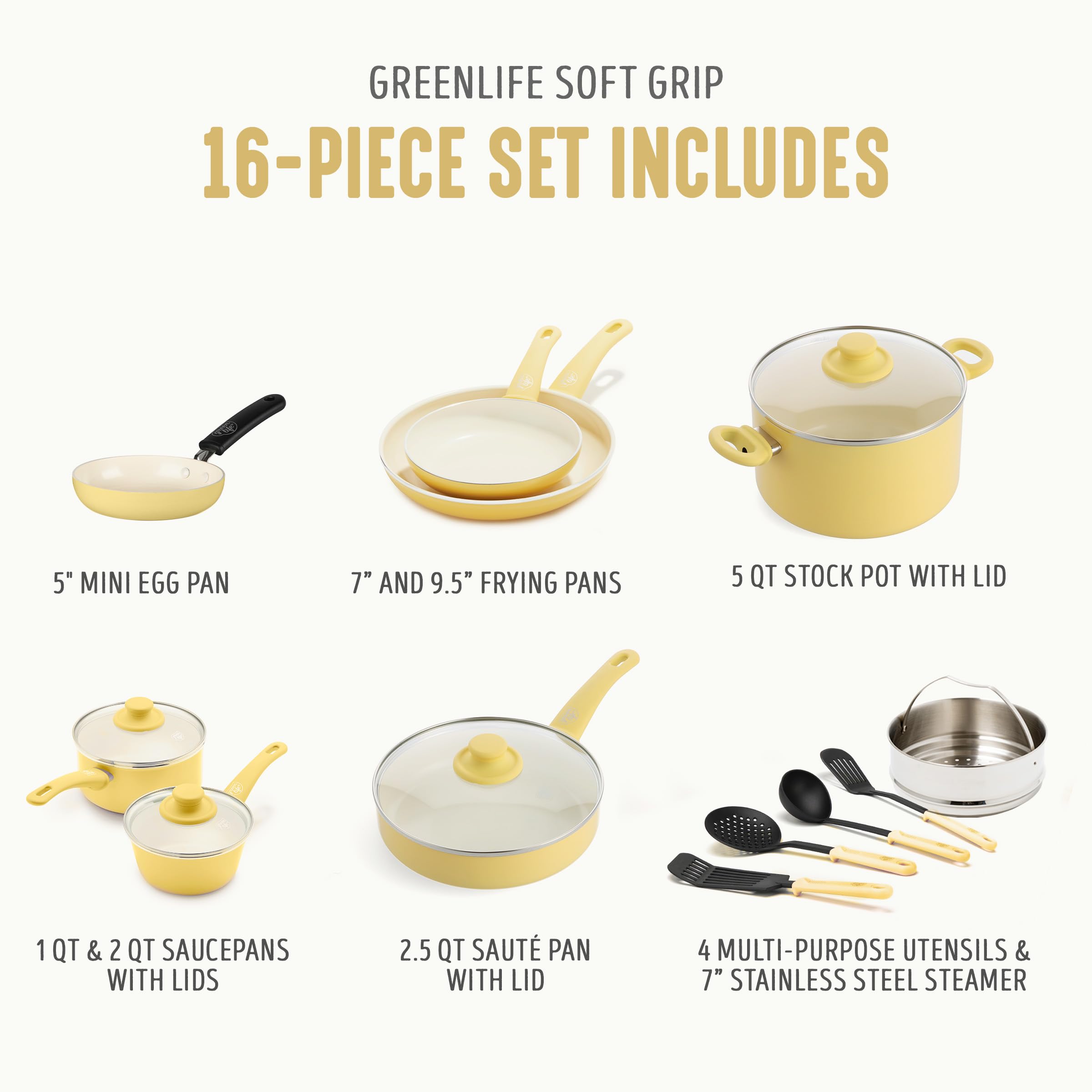 GreenLife 16 Piece Nonstick Cookware Set, Soft Grip Non-Toxic PFAS-Free Ceramic Pots & Pans, Dishwasher & Oven Safe, Frying, Sauce, Saute, Utensils, Glass Lids, Stay-Cool Handles, Wobble Free, Yellow: 16 Piece Cookware Set Yellow