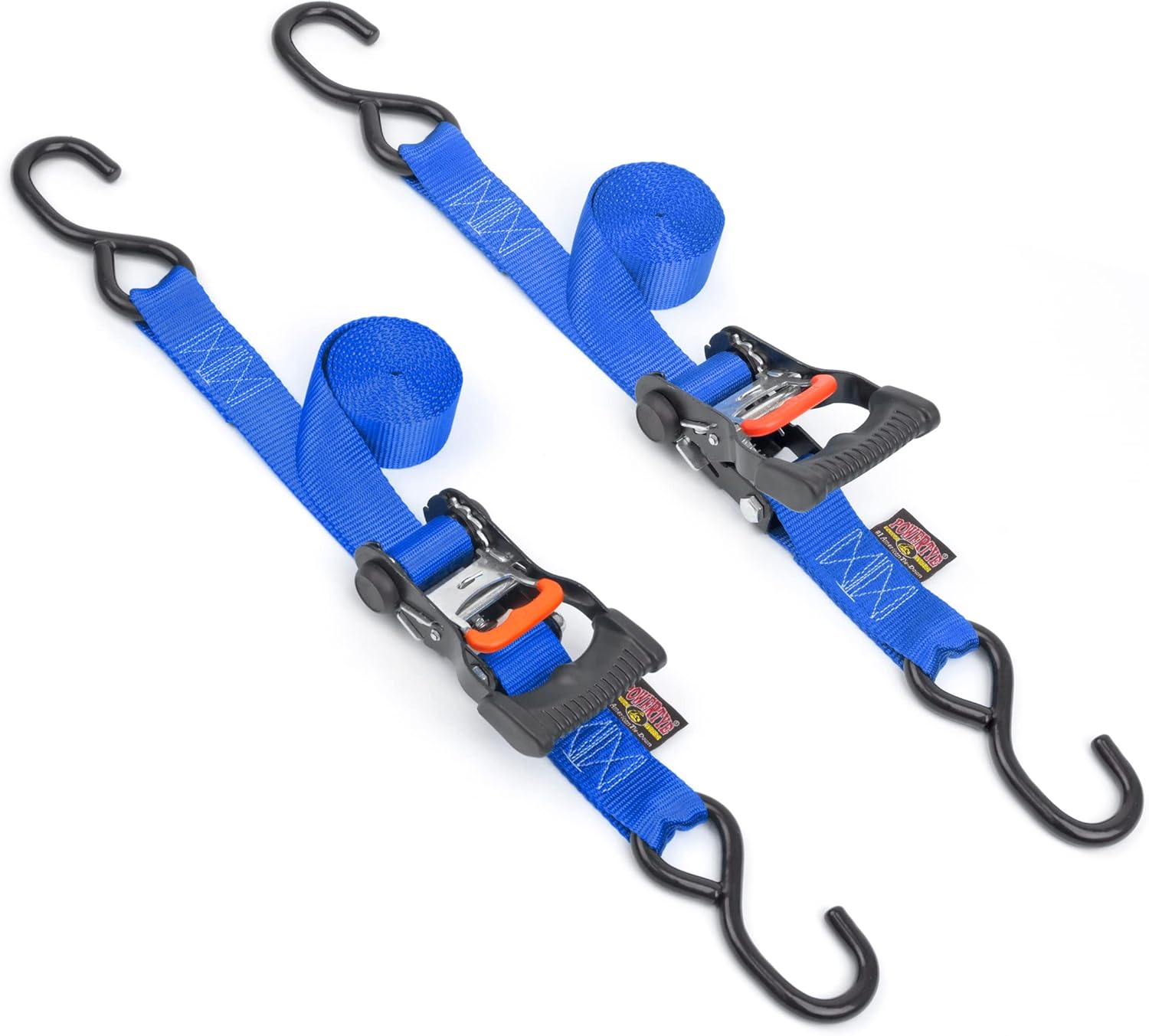 PowerTye 1.5in x 7ft Ergonomic Locking Ratchet Straps with HeavyDuty SHooks Made
