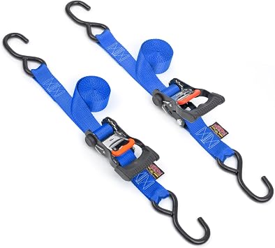PowerTye 1.5in x 7ft Ergonomic Locking Ratchet Straps with Heavy-Duty S-Hooks - Made in USA - 1,000 lb. Working Load Limit / 3,000 lb. Breaking Strength - Blue Pair