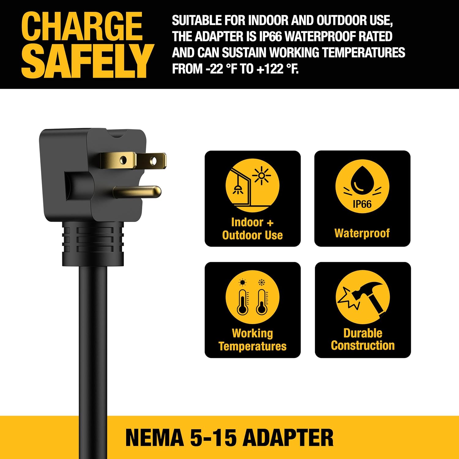 DEWALT NEMA 5-15 Adapter, 12A/120V, Compatible 32 Amp Portable EV Charger, High Power Connector, Easy to Connect, No Tools Required