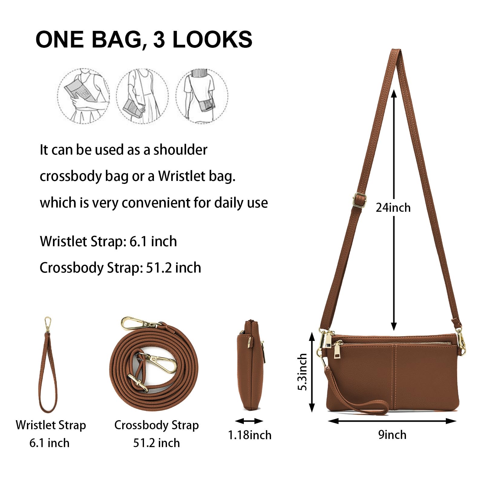 ZOOEASS Triple Zip Small Crossbody Bag Lightweight Purses Vegan Leather Wristlet Clutch, Includes Adjustable Shoulder | Triple Zip, Small, Lightweight, Vegan Leather