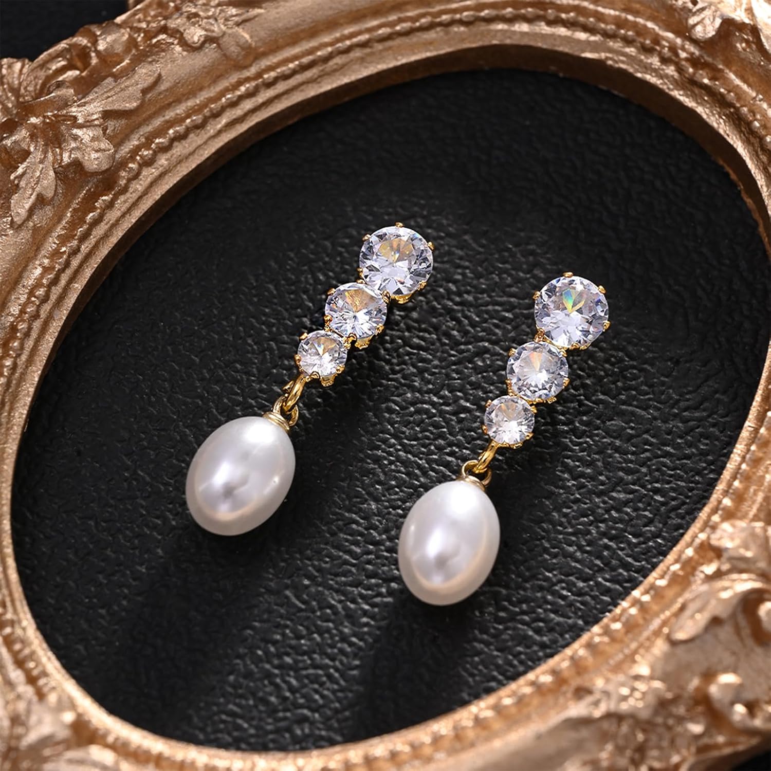 Pearl Drop Earrings Round Cubic Zirconia Dangle Gold Jewelry for Bridal Bridesmaid Wedding Jewelry Elegant Long Linear CZ Pearl Stud Earrings for Birthday Gift - Image 8