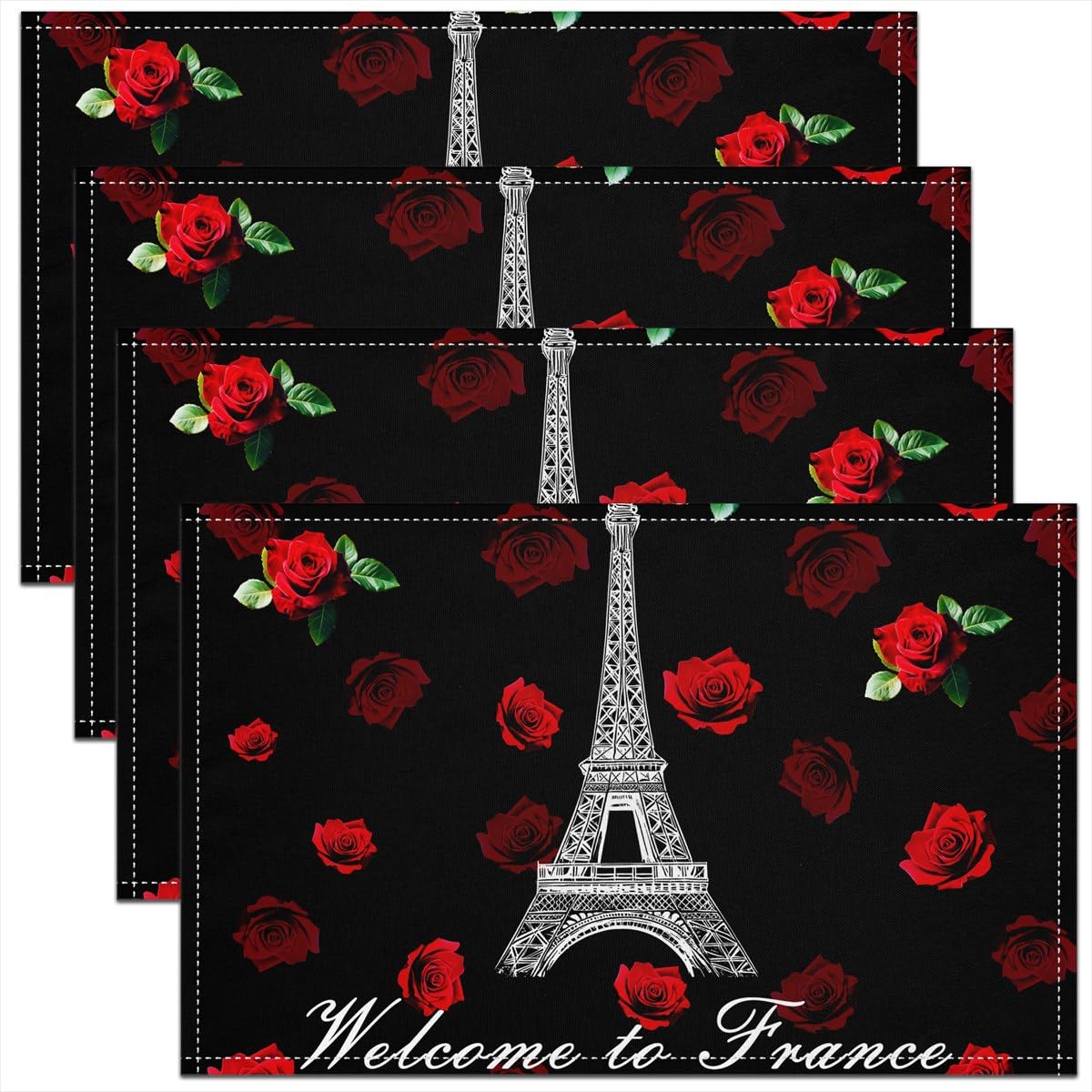 jejeloiu Red Eiffel Tower Placemats Set of 4 18"x12" Paris Table Mats for Kids Boys Girls Decor Rose Floral Flower Romantic Modern City Place Mat for