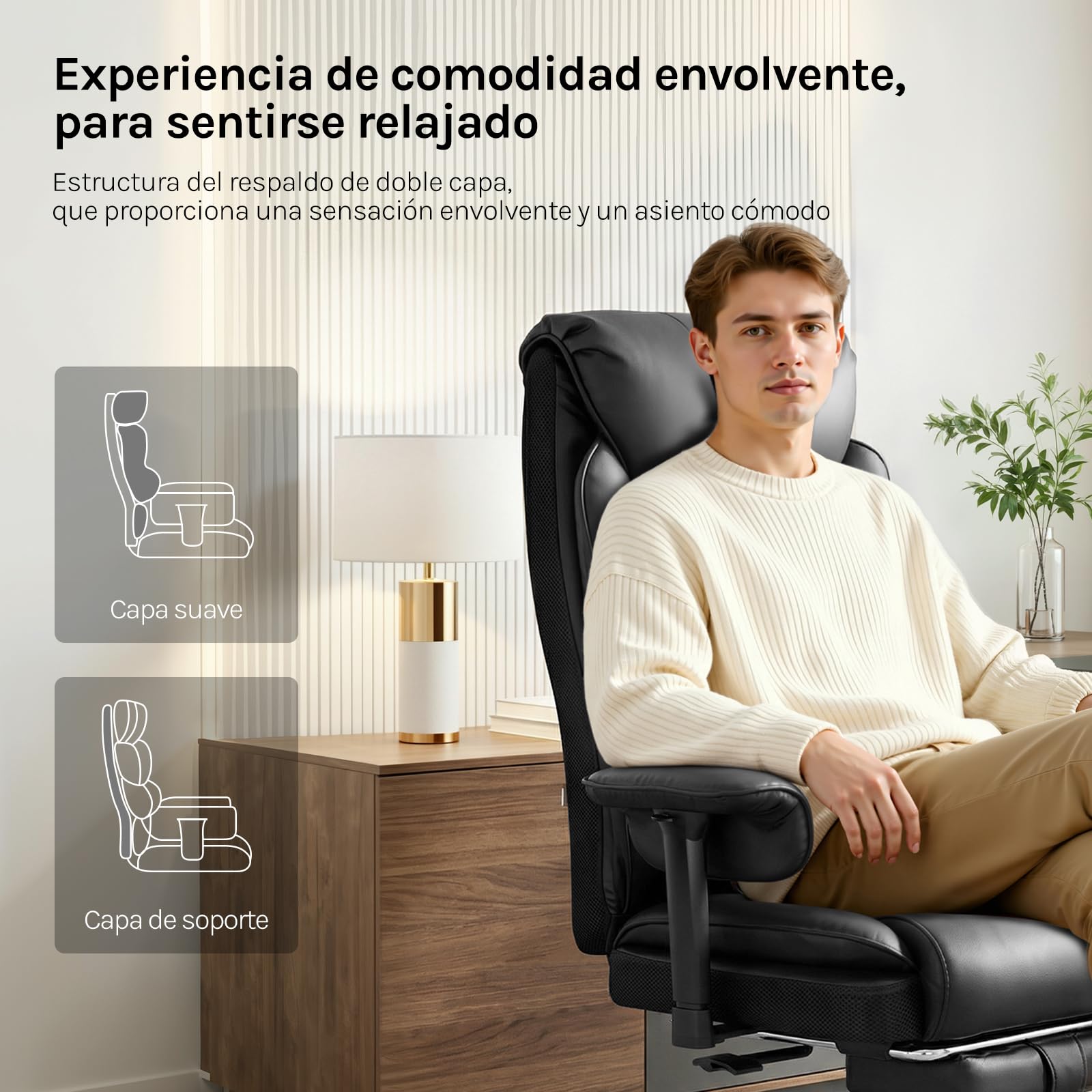 WOLTU Sillón Ejecutivo Ergonómica, Silla Oficina, Asiento PU, Negro | Respaldo Alto y Cojín Soporte Lumbar, Giratoria con Reposapies Retráctil y Función Mecedora, Asiento PU, para Oficina o Casa