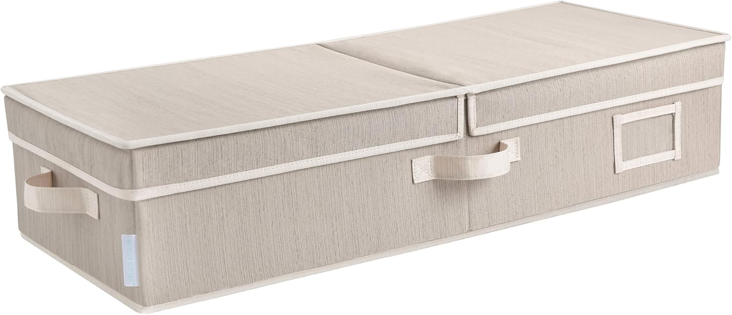 30" x 12" x 6.5" Large Under Bed Organizer with Double Folding Lid, Foldable Low Profile Stackable Drawer Organizer Bins Box for Blanket Shoe Bedroom, Clay