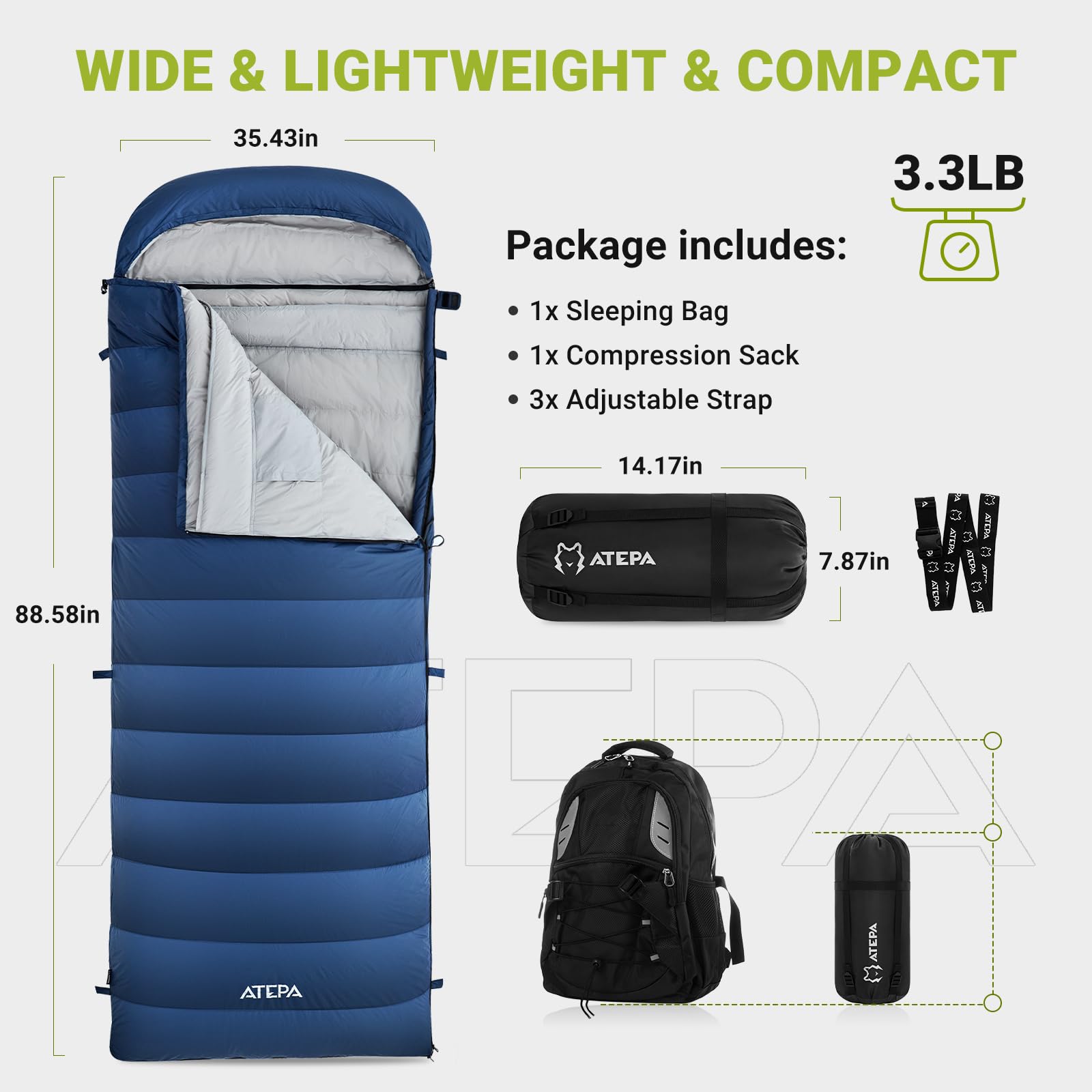 ATEPA Sacco a pelo leggero e caldo per adulti con clima freddo per escursionismo, campeggio – XL Compact 4 stagioni busta sacco a pelo