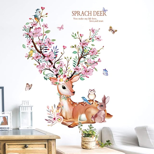 Deer Peel and Stick Giant Wall Decals, TANOSAN Removable Peach Blossom Deer Wall Stickers, Waterproof DIY Art Mural Decor for Girls Nursery Bedroom Living Room Home Decoration (Pink)