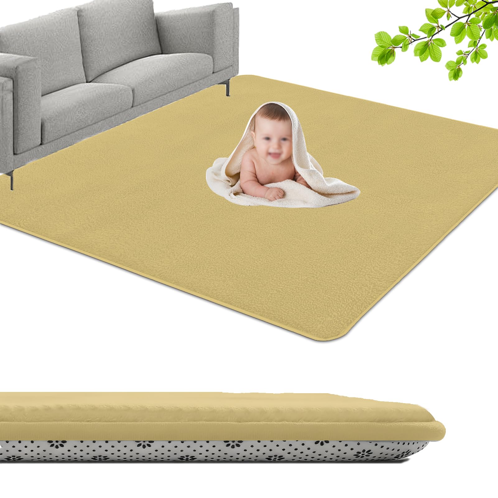 GmyoieqI Large Coral Velvet Baby Play Mat, 3CM Memory Foam Area Rug 60 x 120 cm Children's play mat Soft Play & Tummy Time, Playmat for Floor with Non-Slip Backing Crawling, Easy Care Rug Yellow