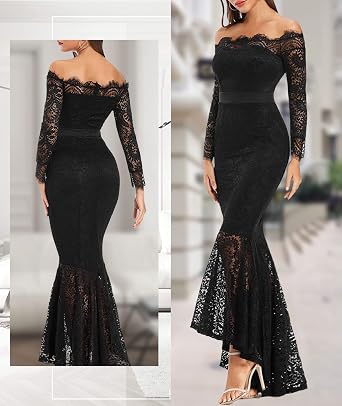 LALAGEN Women's Floral Lace Long Sleeve Off Shoulder Wedding Mermaid Dress